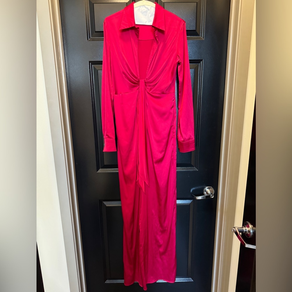 Red silky jumpsuit with front tie